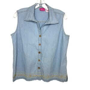 Vintage Pappagallo Wms L Sleeveless Denim Chambray Beaded Button Up Top 80s 90s